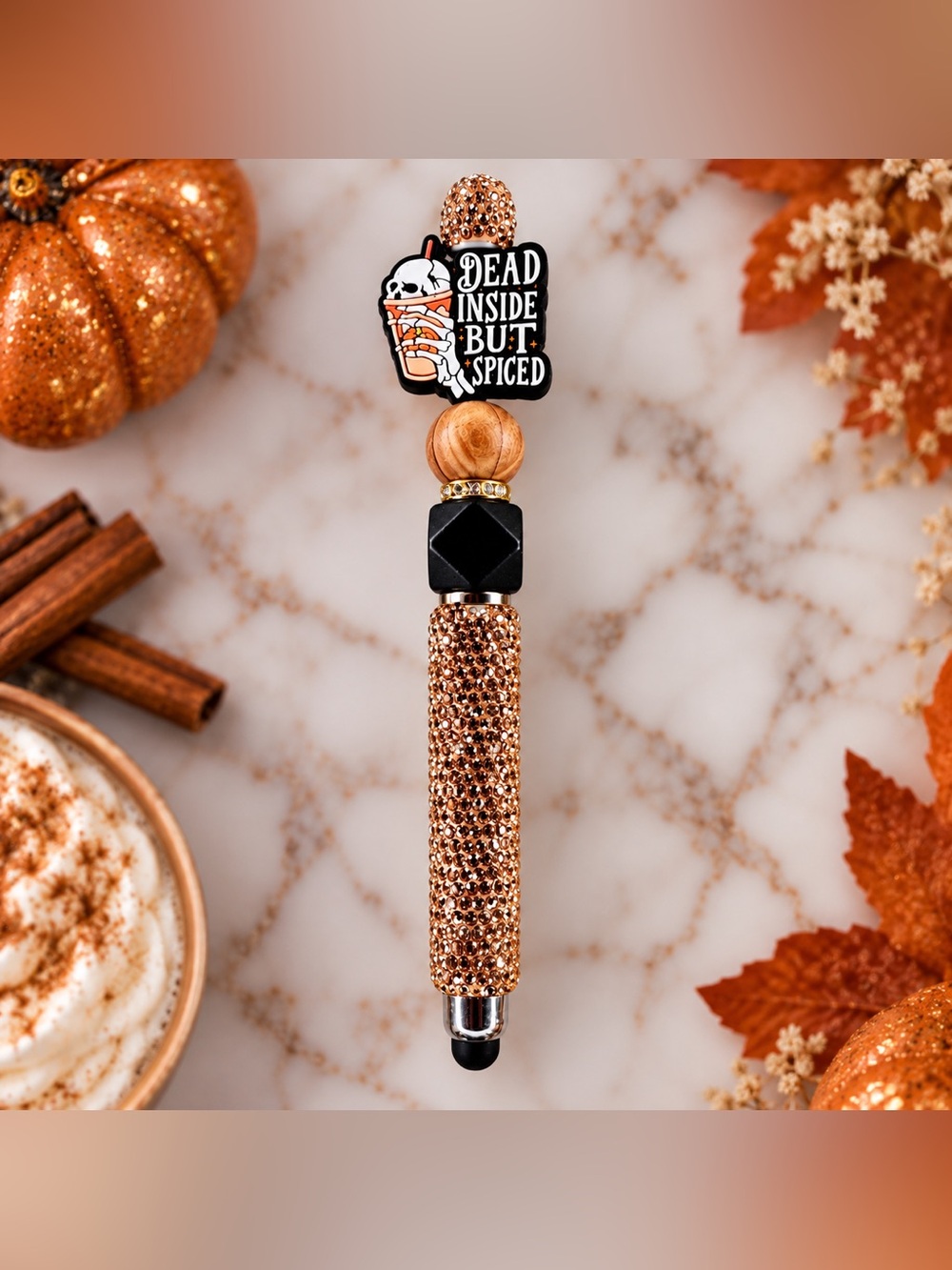 Dead Inside But Spiced Novelty Gold Rhinestone Stylus & Pen